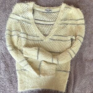bebe Cream V-Neck Sweater with Gray Stripes